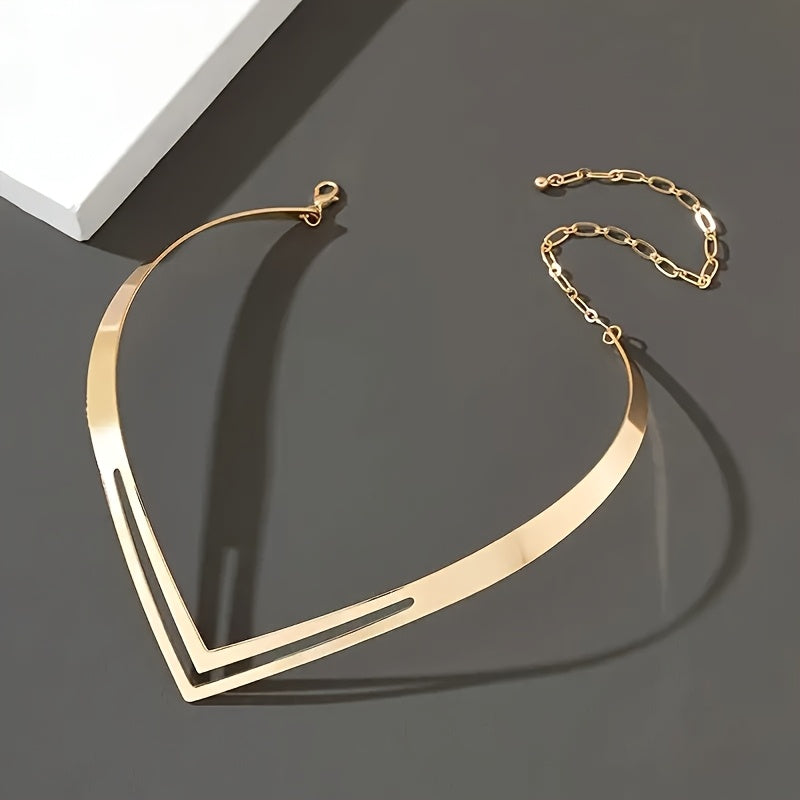 Elegant Double V-Shaped Clavicle Necklace – Minimalist Hollow Pendant, 14K Gold Plated Alloy, Dainty Jewelry for Women, Party & Everyday Wear